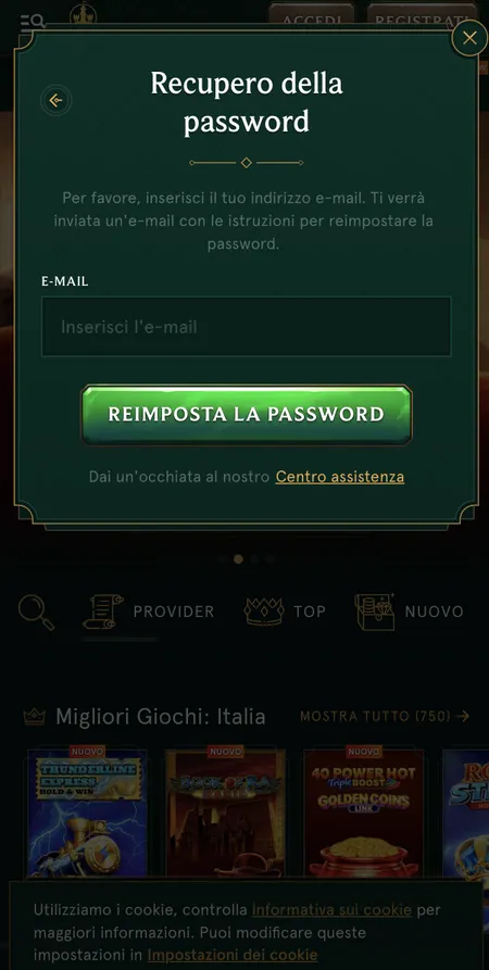 Modulo recupero password Casinia con campo email