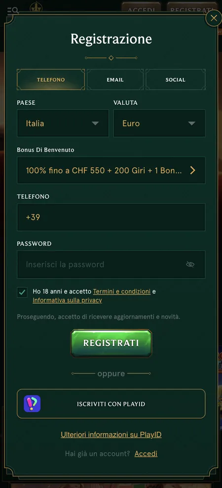 Modulo di registrazione Casinia con opzioni email, telefono e social
